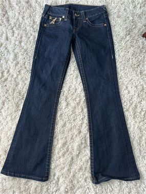 True Religion Dark Blue Flare Jeans with Contrast Stitching